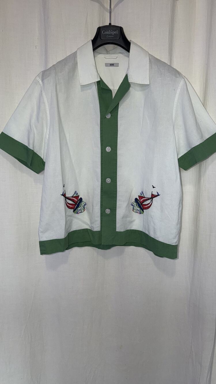 Bode Linen Cotton Camp Shirt White/Green Embroidered L/XL
